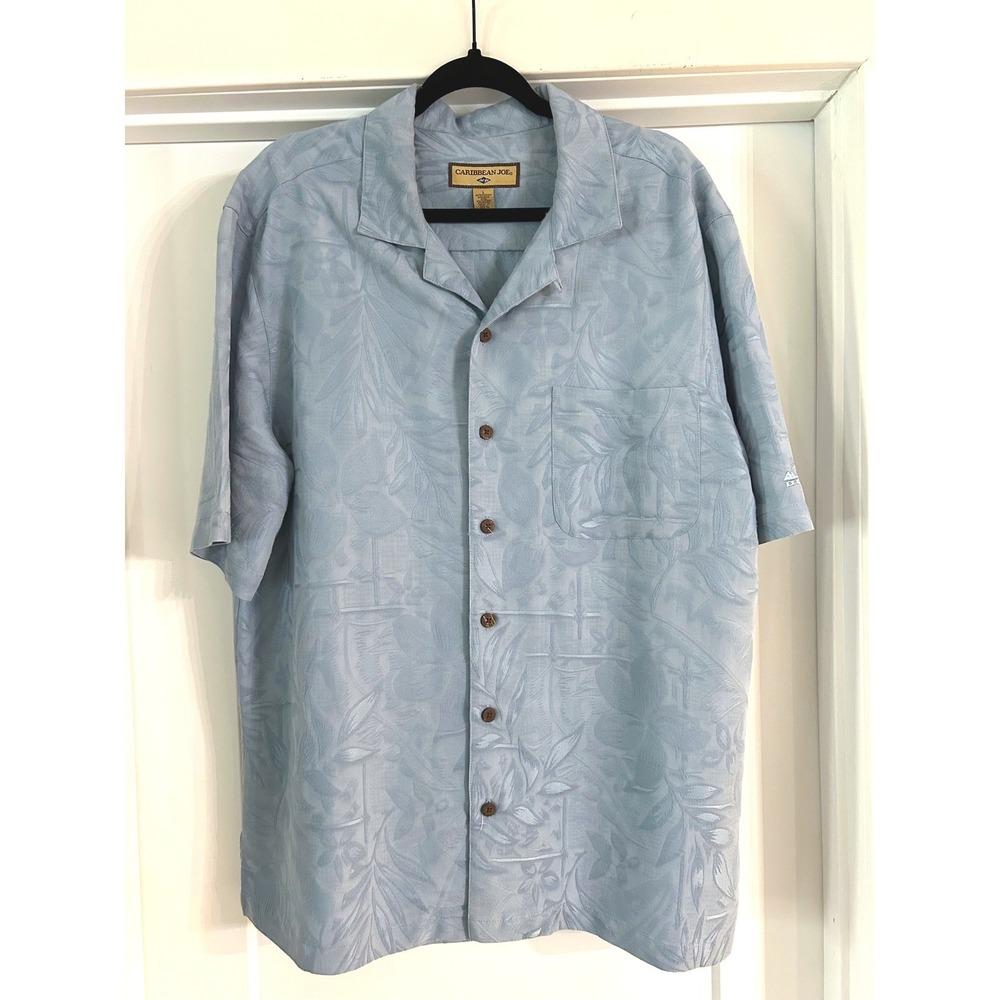 Caribbean Joe Mens Large Blue Tropical Jacquard Short Sleeve Button Down Shirt